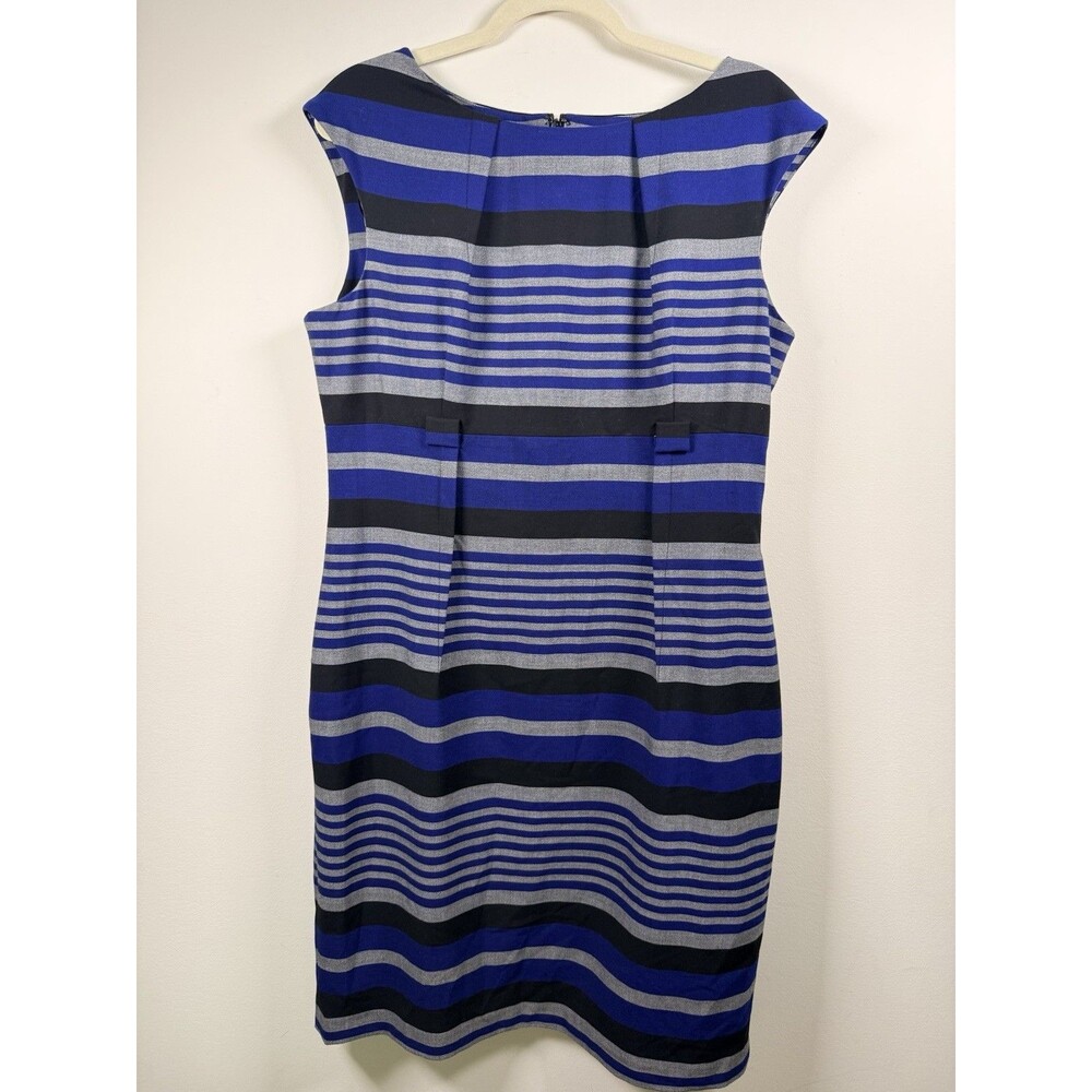 Calvin Klein Sheath Dress - Striped Blue/Black/Gray Boat Neck Knee Length - 14